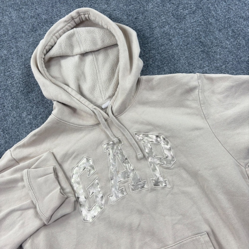 Gap Hoodie Size Small Beige Silver Metallic Logo Pullover‎ Long Sleeve Women's